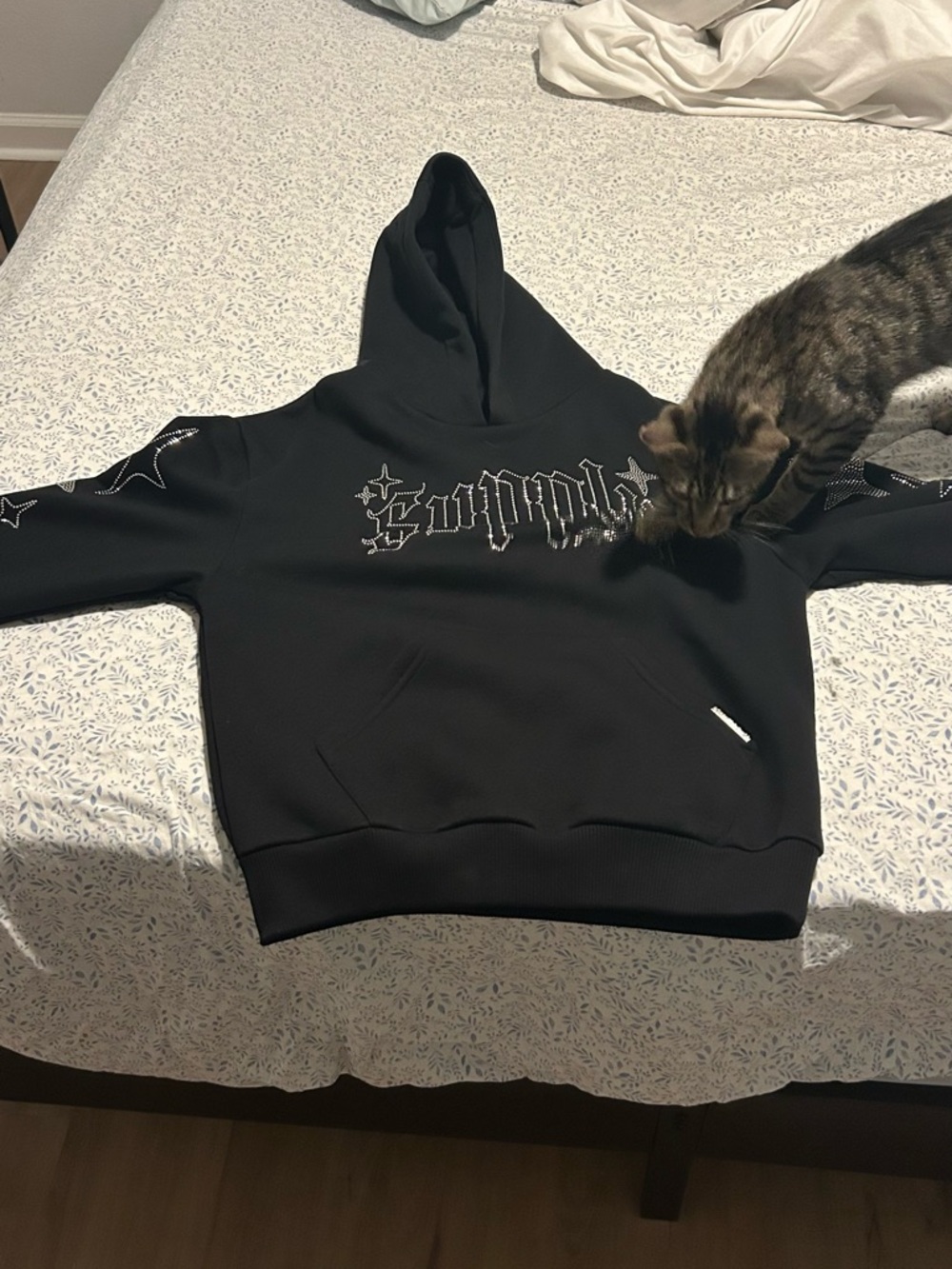 Black Graphic Hooded Sweatshirt with Rhinestone Detailing